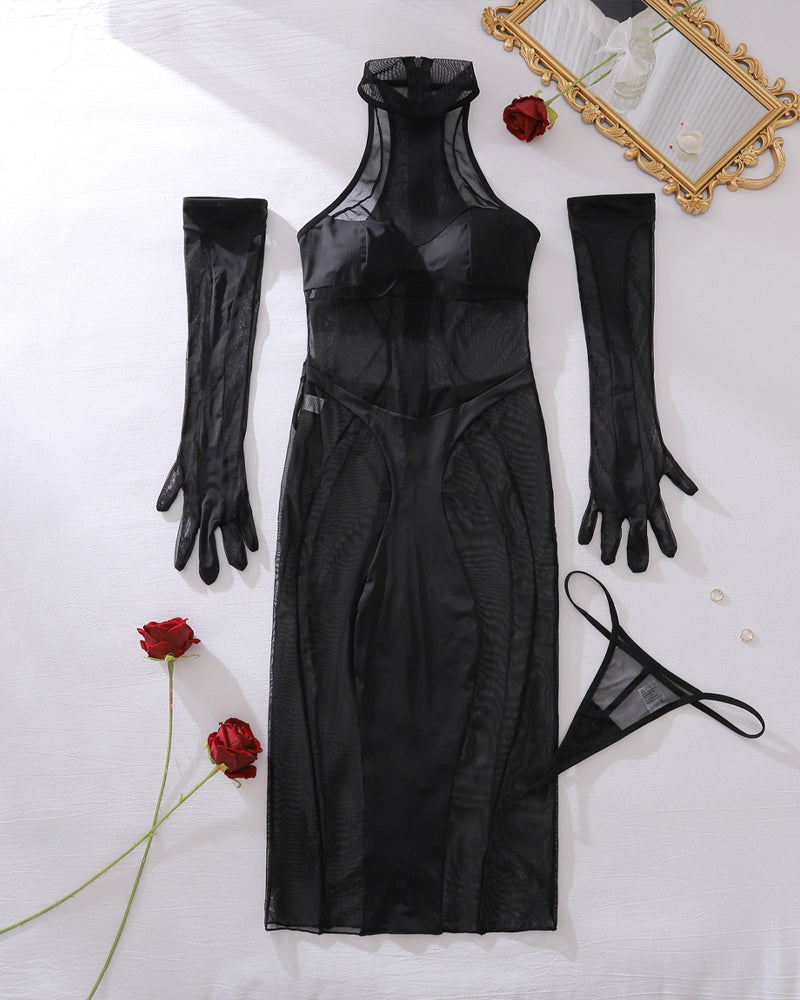 Halter Neck Sheer Mesh Sleeveless Long Sexy Dress with Gloves Set