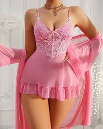Sexy Lace See-through Mesh Camisole Nightgown and Robe Set