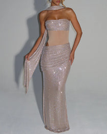 Sexy Sequined Ribbon Sleeveless Strapless Long Dress