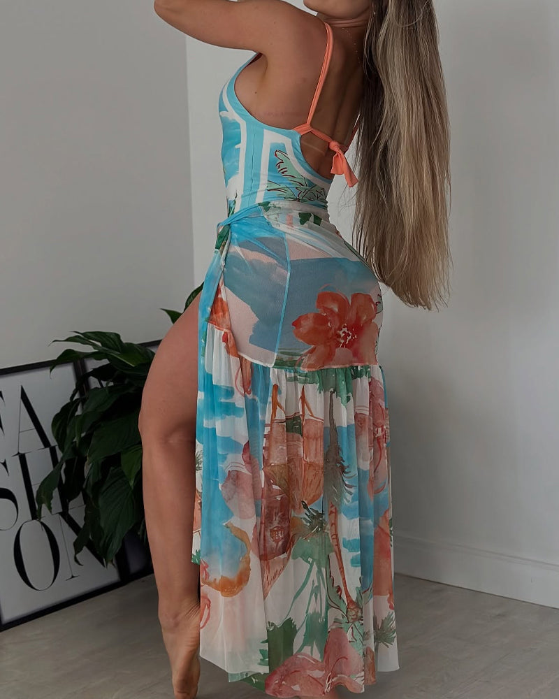 Retro Floral Colorblock Swimsuit and Cover-up Set
