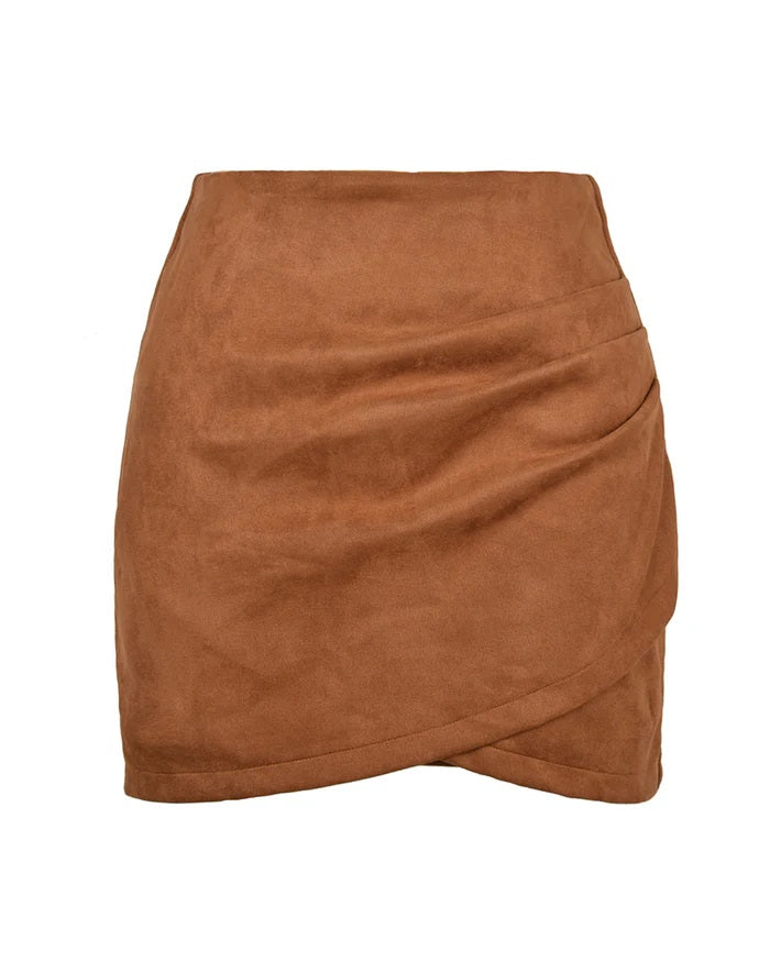 Suede Pleated Irregular Zipper Bodycon Mini Skirt