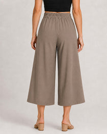 Cotton Linen Elastic Waistband with Pockets Wide-leg Capri Pants