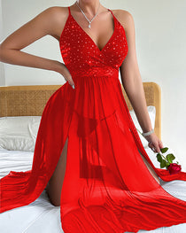 Sexy Deep V-neck Backless Rhinestone Long Slit See-through Mesh Nightgown