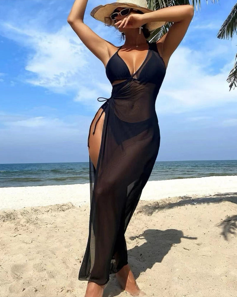 Sexy Solid Color Halter Bikini and One-shoulder Long Cover-up Set Main image