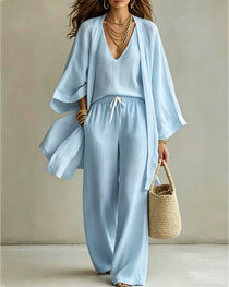 Casual Loose Cotton Linen Sleeveless Vest, Wide-leg Pants and Cardigan Three-piece Set