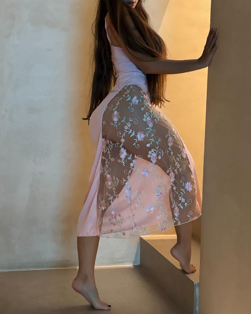 Deep V Sexy Mesh See-through Embroidered Floral Long Slip Dress
