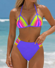 Sexy Colorblock Rainbow Bandage Design Halter Bikini Set