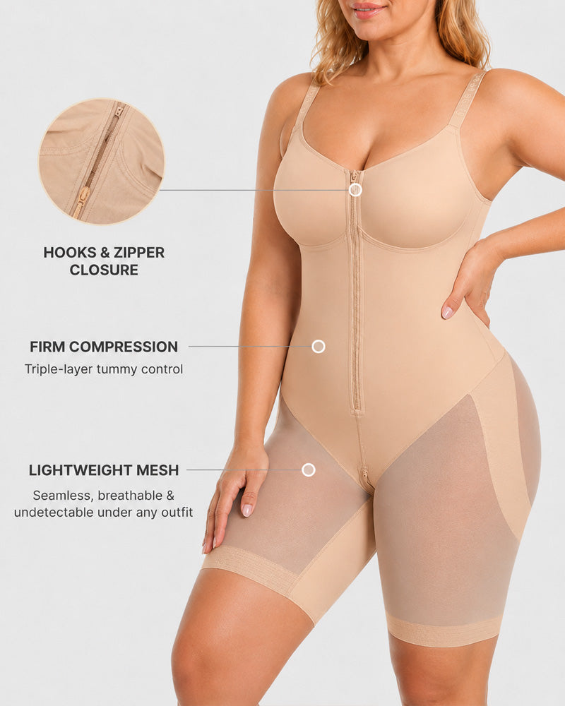 Full Body Mid Thigh Front Zipper Seamless Bodysuit Shapewear