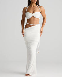 Pearl-embellished Sexy Cropped Tube Top Low-waisted Bodycon Maxi Skirt Suit