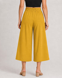 Cotton Linen Elastic Waistband with Pockets Wide-leg Capri Pants