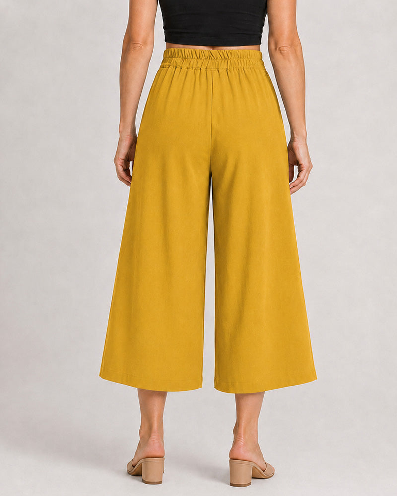 Cotton Linen Elastic Waistband with Pockets Wide-leg Capri Pants