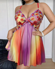 Plus Size Sexy V-Neck Colorful Embroidered Floral Backless Camisole Nightgown