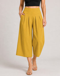 Cotton Linen Elastic Waistband with Pockets Wide-leg Capri Pants