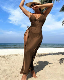 Sexy Solid Color Halter Bikini and One-shoulder Long Cover-up Set