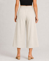 Cotton Linen Elastic Waistband with Pockets Wide-leg Capri Pants