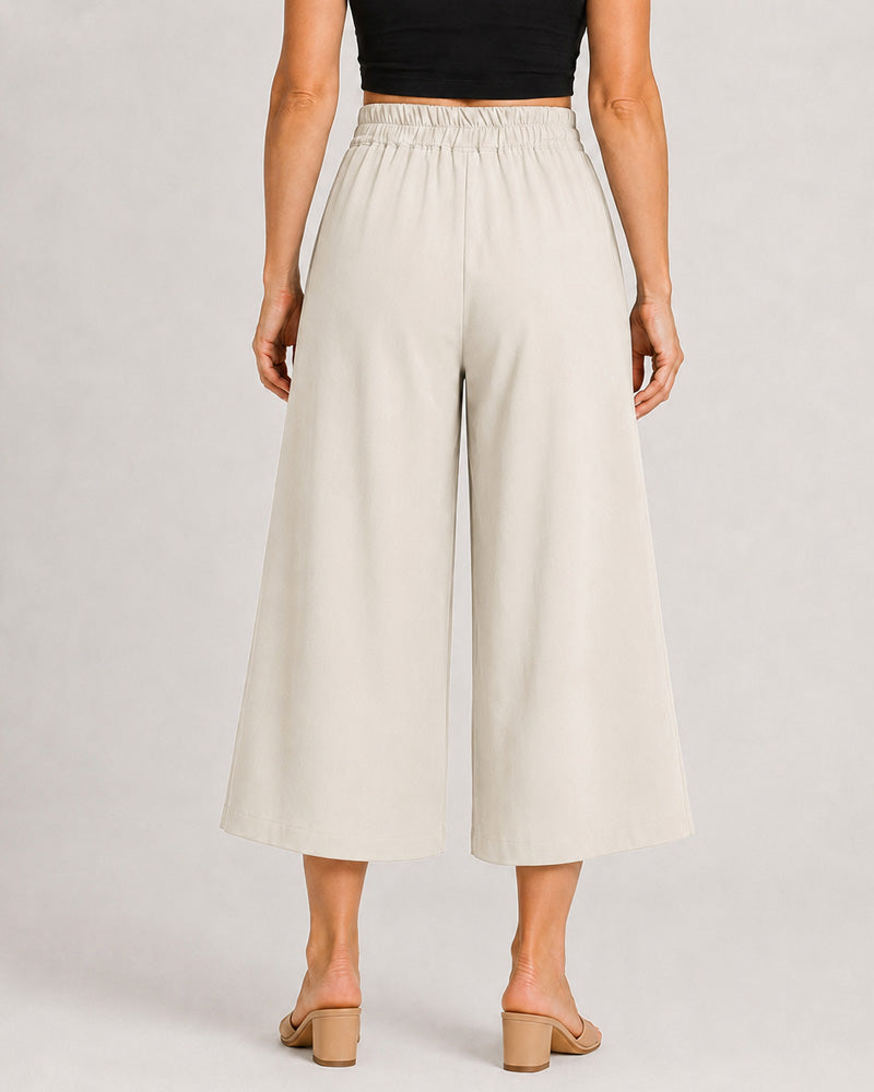 Cotton Linen Elastic Waistband with Pockets Wide-leg Capri Pants