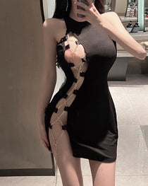 Sexy Metal Chain Strap Cutout Sleeveless Bodycon Dress