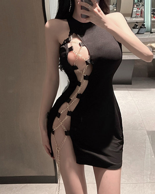 Sexy Metal Chain Strap Cutout Sleeveless Bodycon Dress