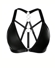 Sexy Deep V Leather Backless Metal Ring Cutout Bra