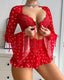 Sexy Heart-print Front-clasp Bra Long-sleeved Top and Skirt Lingerie Set