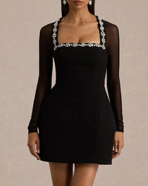 Black Crepe Rhinestone Square Neck Sheer Mesh Long-sleeved Mini Dress