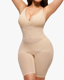 V-neck Mesh-paneled Seamless Tummy Control Hip Lift Bodysuit