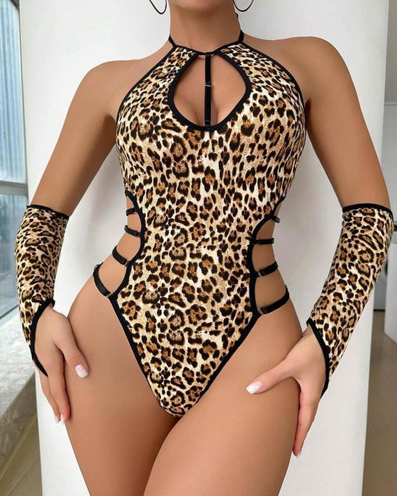 Sexy Leopard Print Halter Neck Cutout Bodysuit Nightgowns Main image