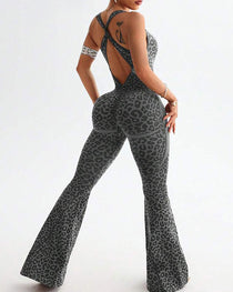 Leopard Print Crossback Seamless Elastic Yoga Fitness Jumpsuit