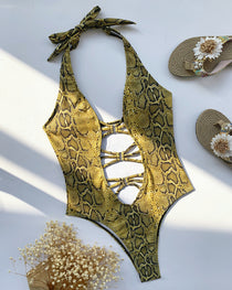 Snake-print Cutout Halter Neck Strap One-piece Swimsuit