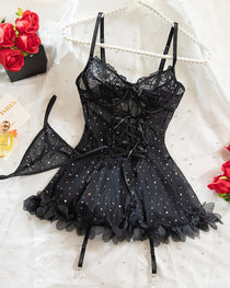 Sexy French-style Lace Mesh Sequined Lingerie Set