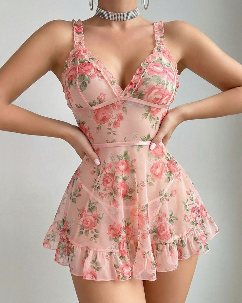 Deep V-neck Floral Print Sheer Mesh Ruffle Camisole Nightgown Main image