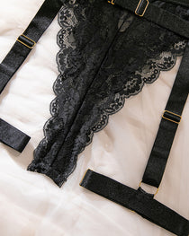 Sexy Deep V-neck Halter Neck Lace Sheer Bodysuit with Garter Belt and Gloves Lingerie Set