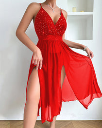 Sexy Deep V-neck Backless Rhinestone Long Slit See-through Mesh Nightgown