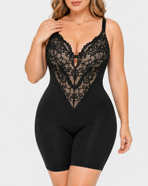 Women's V Neck Lace Stretch Seamless Bodysuit Shapewear