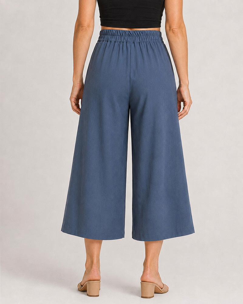 Cotton Linen Elastic Waistband with Pockets Wide-leg Capri Pants