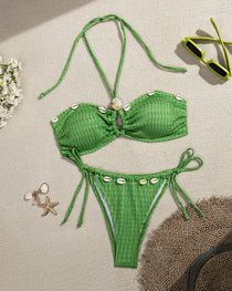 Beach Vacation Seashell Embellishments Sexy Cross-neck Halter Top Bikini Swimsuit Set