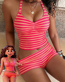 Sexy Striped Colorblock Halter Top and Shorts Swimsuit Set