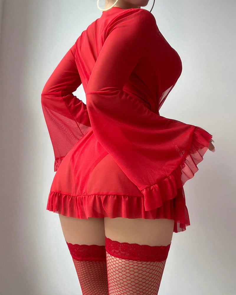 Sexy Lace Slip Dress Mesh See-through Tie-up Robe Loungewear Set