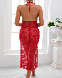 Sexy Halter Neck Lace Sheer Mesh High Slit Chain-embellished Long Nightgown