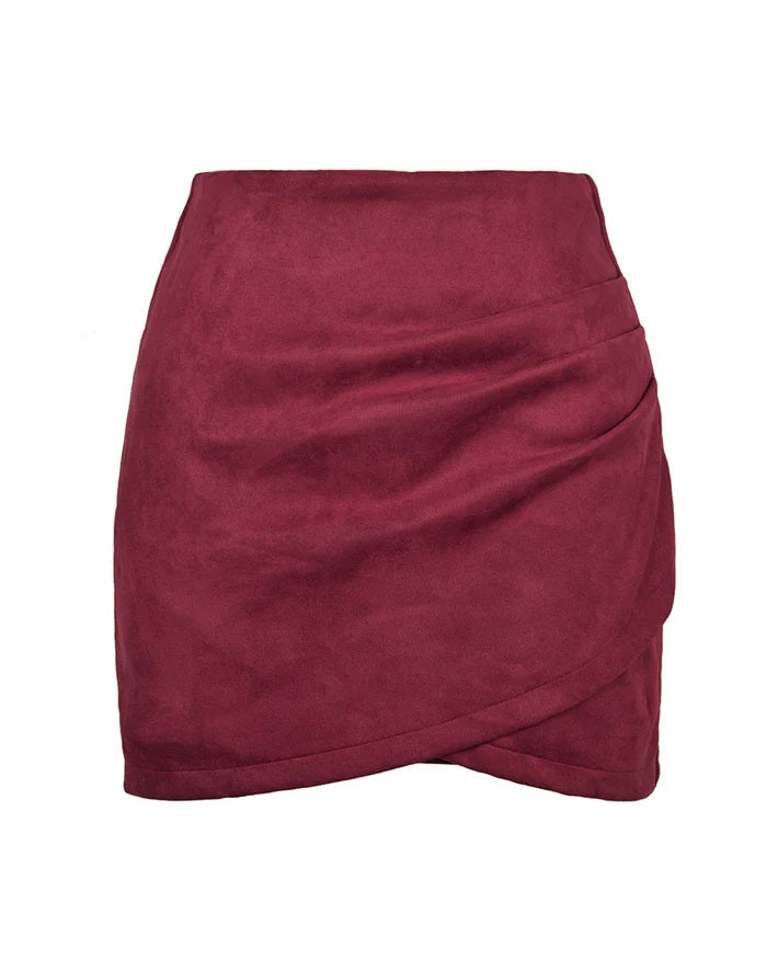 Suede Pleated Irregular Zipper Bodycon Mini Skirt