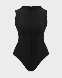 Zip Front High Neck Lace-Up Back Sculpting Swimsuit