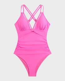 V-Neck Hollow Trim Cross-Back One-Piece Swimsuit