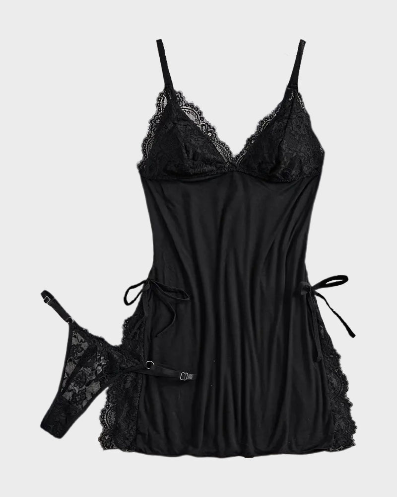 V-Neck Side Slits Lace Nightgown with G-String Main image