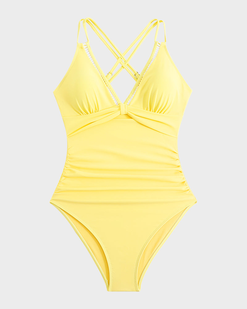 V-Neck Hollow Trim Cross-Back One-Piece Swimsuit