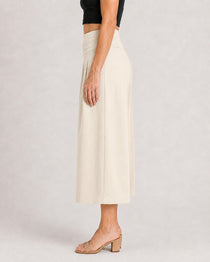 Cotton Linen Elastic Waistband with Pockets Wide-leg Capri Pants