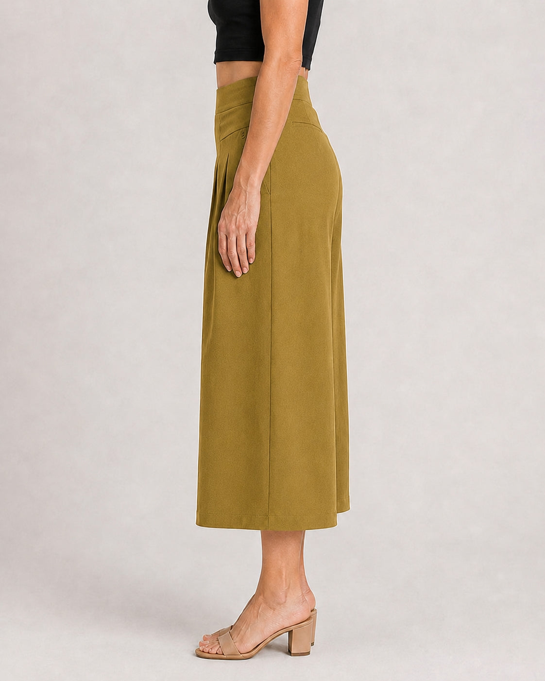 Cotton Linen Elastic Waistband with Pockets Wide-leg Capri Pants