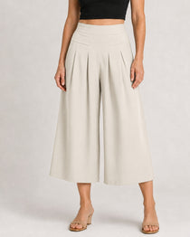 Cotton Linen Elastic Waistband with Pockets Wide-leg Capri Pants