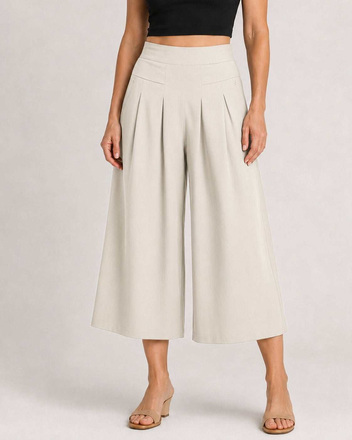 Cotton Linen Elastic Waistband with Pockets Wide-leg Capri Pants