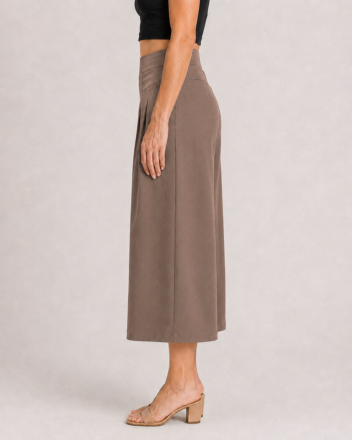 Cotton Linen Elastic Waistband with Pockets Wide-leg Capri Pants