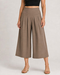 Cotton Linen Elastic Waistband with Pockets Wide-leg Capri Pants
